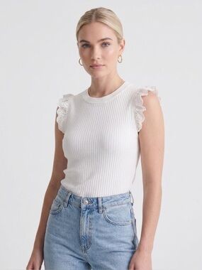 Warehouse White Ribbed Tank with Eyelet Ruffle Sleeves